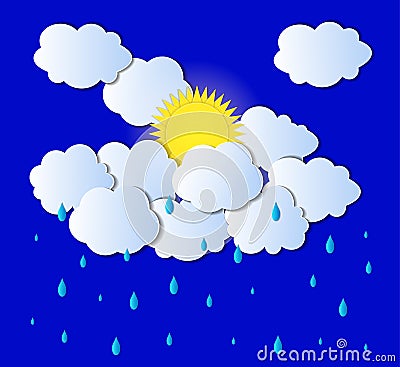 Vector Sun, Clouds and Rain Background, Light Gray Clouds and Drops, Paper Art. Vector Illustration