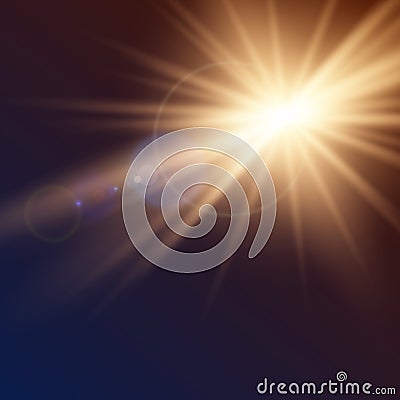 Vector sun, light effects. Rays, flashes on a dark backgroun Vector Illustration