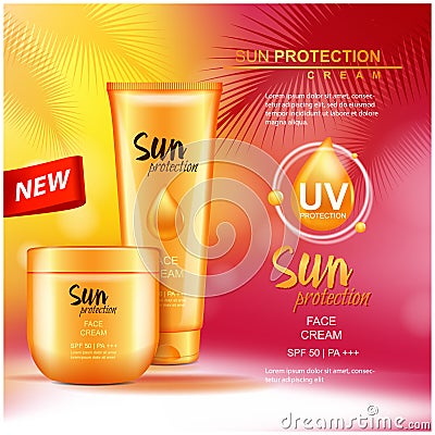 Vector sun protection cosmetic products, sun care. 3D illustration. Mock up for magazine or ads Vector Illustration