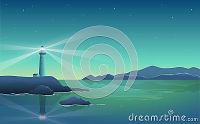 Vector sunrise landscape with lighthouse by the sea and shining Vector Illustration
