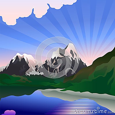 Vector Sunrise over the mountain lake Vector Illustration