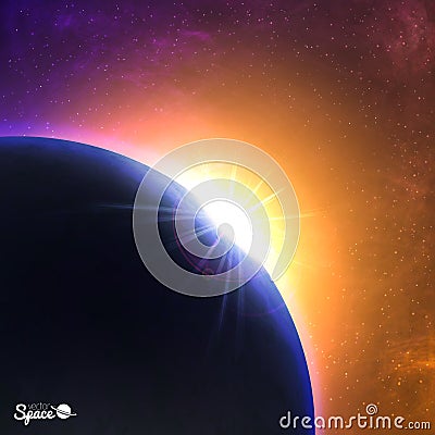 Vector sunrise over the planet. Beautiful dawn from space point of view. Cosmic background. Vector Illustration