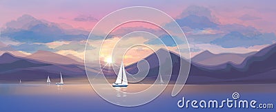 Vector sunset sea scene and yachts. Vector Illustration