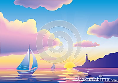 Vector sunset or sunrise seascape with sailboat and lighthouse Vector Illustration