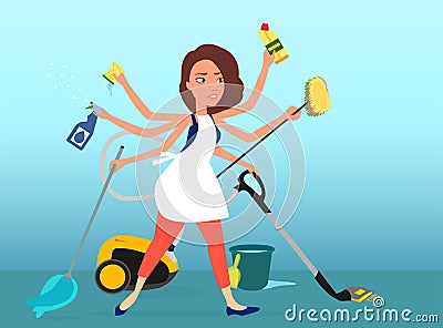 Vector of a super busy multitasking woman washing, vacuuming and cleaning house Vector Illustration