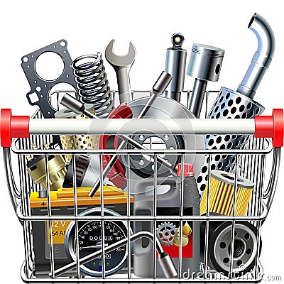 Vector Supermarket Cart with Car Parts Rear View Vector Illustration