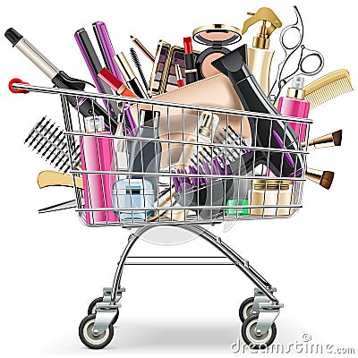 Vector Supermarket Cart with Professional Cosmetics Vector Illustration