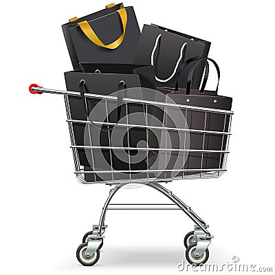 Vector Supermarket Trolley with Black Shopping Bags Vector Illustration