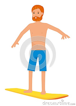 Vector surfer character in surf trunks with surfboard, isolated on white background. Vector Illustration