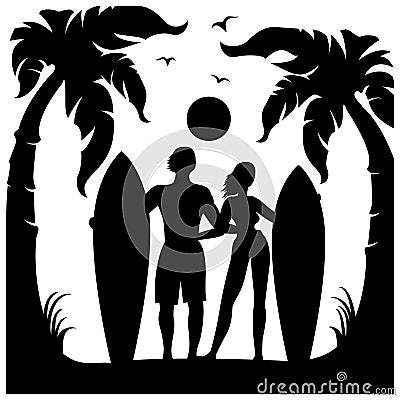 Vector surfers black silhouette illustration. Summer beach island with surfers man and woman with surfboards isolated Vector Illustration