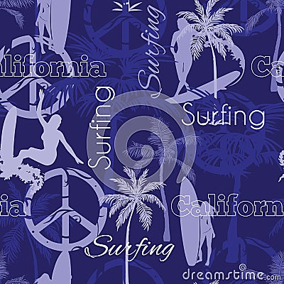 Vector Surfing California Blue Seamless Pattern Surface Design With Surfing Women, Palm Trees, Peace Signs, Surf Boards. Vector Illustration