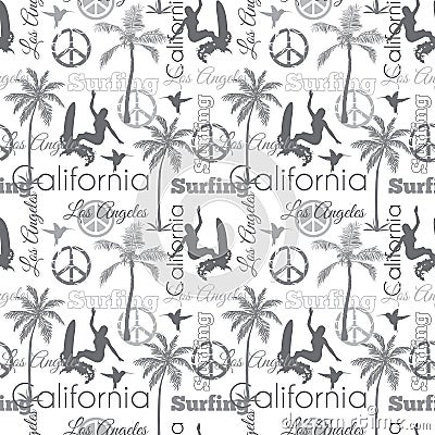 Vector Surfing California Gray Seamless Pattern Surface Design With Surfing Women, Palm Trees, Peace Signs, Surf Boards. Vector Illustration