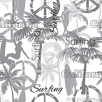 Vector Surfing California Grayscale Seamless Pattern Surface Design With Sporty Girls, Palm Trees, Peace Signs, Surf Vector Illustration