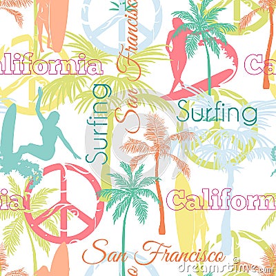 Vector Surfing California San Francisco Colorful Seamless Pattern Surface Design With Active Women, Palm Trees, Peace Vector Illustration