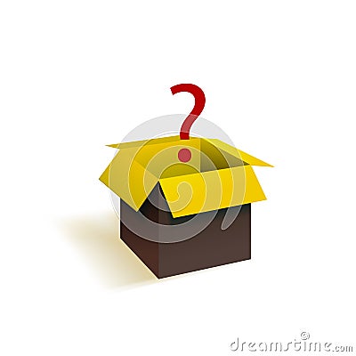 Vector Surprise Box, Open Package with Question Mark, Black and Yellow Object and Red Colorful Symbol. Stock Photo