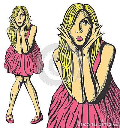 Vector Surprised Blonde in Pink Dress Vector Illustration