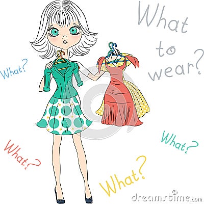 Vector surprised fashion girl top model trying on dresses Vector Illustration