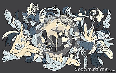 Vector surreal illustration with kissing lovers Vector Illustration