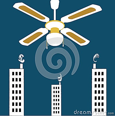 Vector surrealistic background,huge vintage ceiling fan over the city Vector Illustration