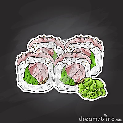 Vector sushi color sketch, Hamachi roll Vector Illustration