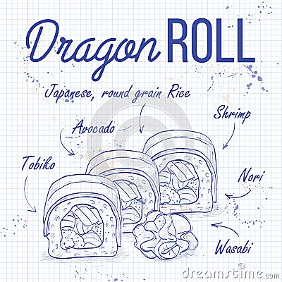 Vector sushi sketch, Dragon roll Vector Illustration