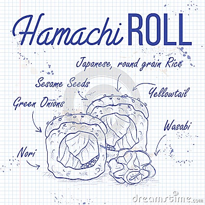 Vector sushi sketch, Hamachi roll Vector Illustration