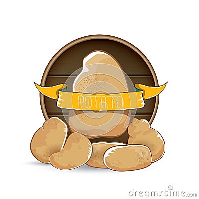 Vector sweet brown potato label with pile of potatoes isolated on wooden round background. Vector Illustration