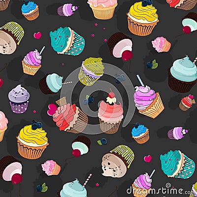 Vector sweet food pattern. Cupcake delicious dessert, Sweet decorated cakes with muffin. Cartoon wallpaper texture Vector Illustration