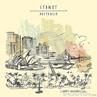 Vector Sydney, New South Wales, Australia touristic postcard. Famous Opera House. Australian travel sketch drawing. Vintage travel Vector Illustration