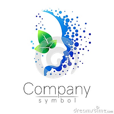 Vector symbol of human head and leaf. Profile face. Blue green color isolated on white background. Concept sign for Vector Illustration