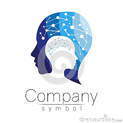 Vector symbol of human head. Profile face. Blue color isolated on white background. Concept sign for business, science Vector Illustration