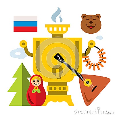 Vector Symbols of Russia. Flat style colorful Cartoon illustration. Vector Illustration