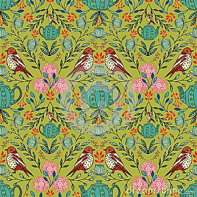 Vector symmetrical floral seamless pattern with folk art motifs Vector Illustration