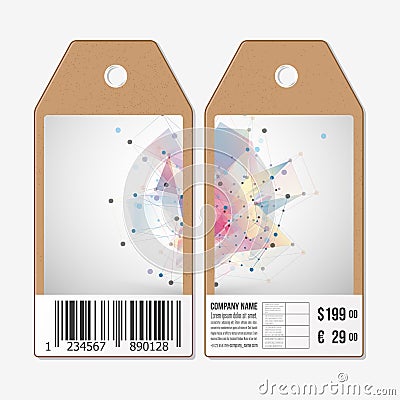 Vector tags design on both sides, cardboard sale labels with barcode. Abstract background. Technical construction Vector Illustration