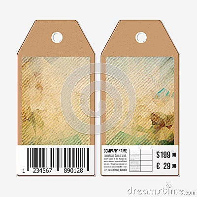 Vector tags design on both sides, cardboard sale labels with barcode. Abstract wooden polygonal background Vector Illustration