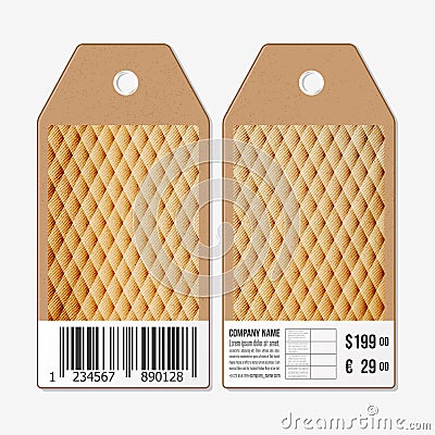 Vector tags design on both sides, cardboard sale labels with barcode. Abstract wooden polygonal background Vector Illustration