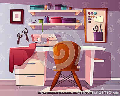 Vector tailor, seamstress room. Handicraft, needlework area Vector Illustration