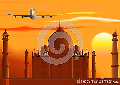 Vector Taj Mahal, sunset, jet. Stock Photo