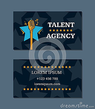 Vector talent agency business card template with retro microphone and stars Vector Illustration