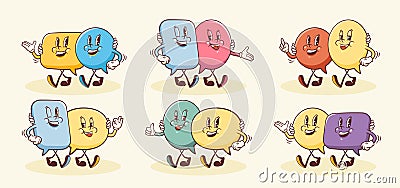 Vector Talk Language Learning Groups of Characters Illustrations Set. Groovy Cartoon Speech Bubbles Conversation in Stock Photo