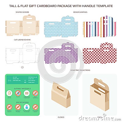 Vector tall and flat gift cardboard packaging with handle templates set Vector Illustration