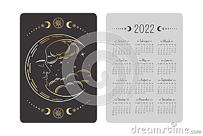 Vector tarot pocket year 2022 calendar with magical ornate golden linear crescent with a sleeping face, stars and clouds Vector Illustration