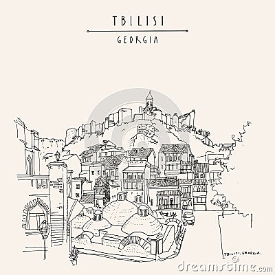 Vector Tbilisi, Georgia postcard. Muslim quarter Azerbaijani distict. Sulphur baths, Narikala fortress, beautiful houses. Travel Cartoon Illustration