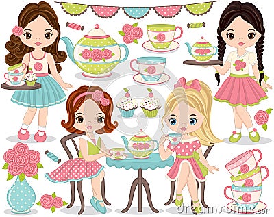 Vector Tea Party Set with Cute Little Girls Having Tea Vector Illustration