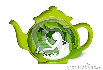 Vector tea pot with woman harvesting herbs Vector Illustration
