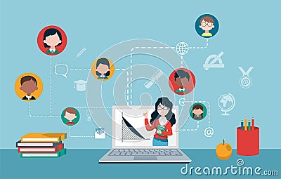 Vector of a teacher and group of children studying online Vector Illustration