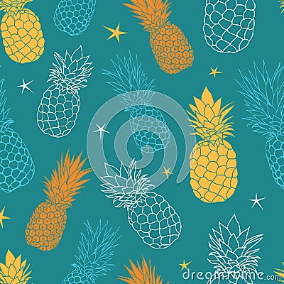 Vector teal blue and yellow oineapples summer colorful tropical seamless pattern background. Great as a textile print Vector Illustration