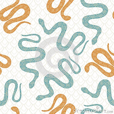 Vector Teal Green and Orange Snakes on White Background Seamless Repeat Pattern. Background for textiles, cards Vector Illustration