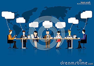 Vector team work Businessman brainstorming to think globally and meeting with world maps used in business applications flat design Vector Illustration