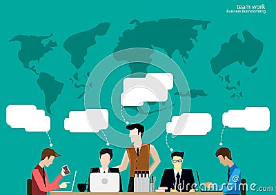 Vector team work Businessman brainstorming to think globally and meeting with world maps used in business applications flat design Vector Illustration